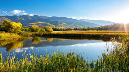 serene lake reflecting mountains, showcasing nature beauty and tranquility