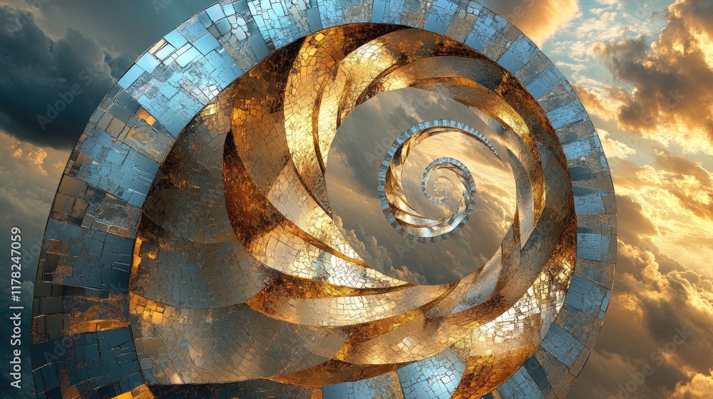 Poster A shimmering gold and silver mosaic spiral with cloudy skies in the background, creating a visually striking and abstract piece of art