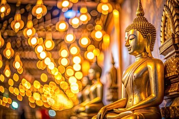 Fototapeta premium Wat Traimit Golden Buddha Bangkok Wall Art Bokeh Photography, Stunning Thai Temple Decor