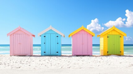 Naklejka premium Colorful Beach Huts on Sandy Shore with Bright Blue Sky and Gentle Waves in Background