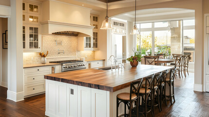 Elegant Farmhouse Kitchen: Warm Wood Island, Bright Sunlight, Classic Design
