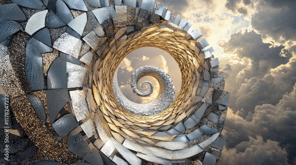 Poster a shimmering spiral of gold and silver mosaic pieces set against a dramatic cloudy sky, creating a s