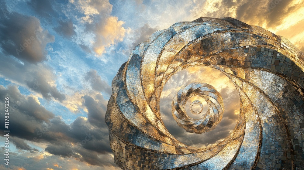 Poster a shimmering spiral of gold and silver mosaic pieces set against a dramatic cloudy sky, creating a s