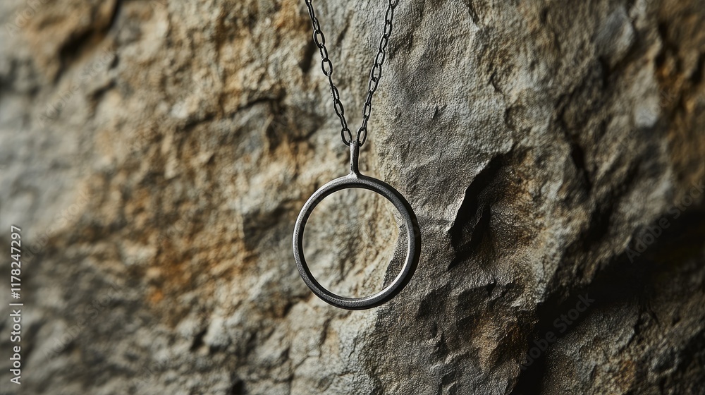 Aufkleber a simple, minimalist hanging circle pendant set against a textured stone background, creating a sere