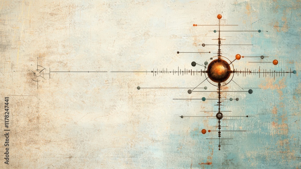 Poster abstract cosmic design with circular elements, lines, and soft colors on a textured background