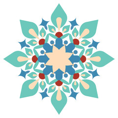 A blue and white flower with red and green accents Mandala Design