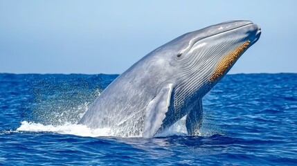 Fototapeta premium Majestic Blue Whale Breaching the Surface in Clear Blue Ocean Waters During Bright Sunny Day