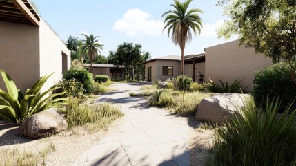 Fototapeta premium A serene pathway through a landscaped residential area.