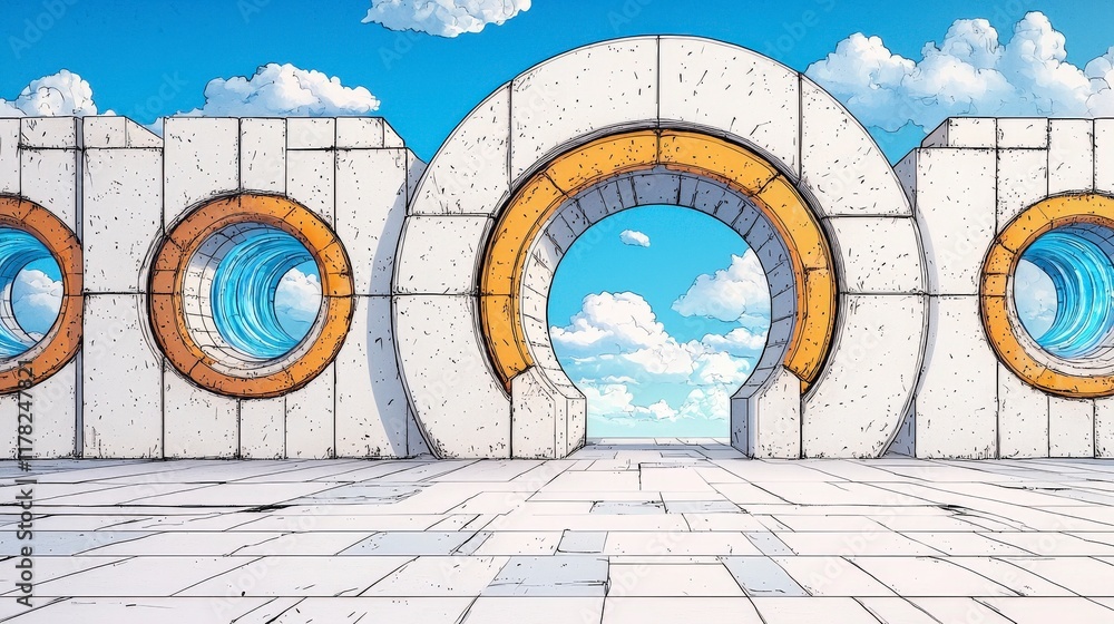 Poster abstract architectural scene with circular structures against blue sky and fluffy clouds in a vibran