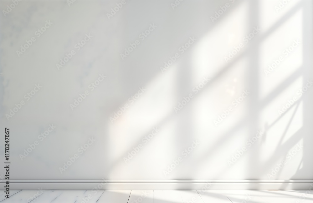 Poster Empty white room with soft shadows from window. Simple studio backdrop for product presentation. Bright sunlight creates soft shadows. Modern minimalist interior design. Blank space for text.