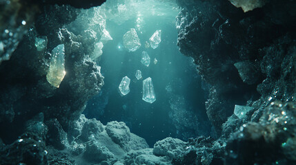 Obraz premium A mystical underwater cave, filled with shimmering crystals and swirling currents, inviting exploration and evoking a sense of wonder. 