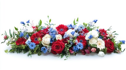A striking floral arrangement featuring red, white, and blue blooms on a white background, evoking a sense of celebration and freshness in design