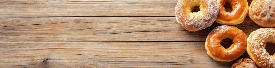 Delicious bakery goods displayed on wooden background with ample copy space