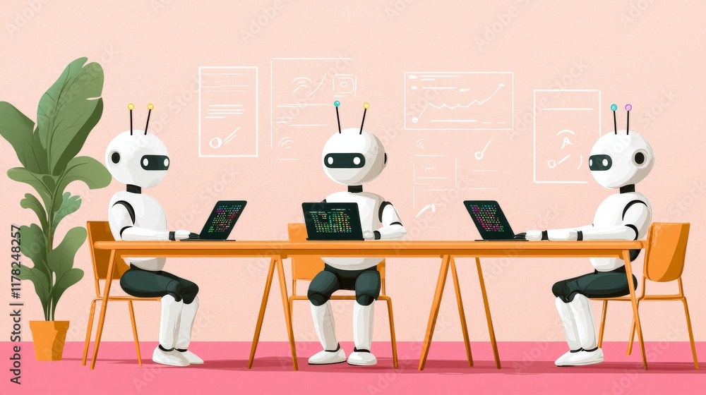 Poster robots working together at a table with laptops in a bright and modern office setting