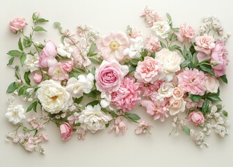 A flat lay composition of delicate pink and white flowers, including roses and peonies, arranged in the upper right corner on an empty background with space for text or graphics. --ar 32:23 --v 6.1 Jo