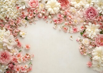 A flat lay composition of delicate pink and white flowers, including roses and peonies, arranged in the upper right corner on an empty background with space for text or graphics. --ar 32:23 --v 6.1 Jo