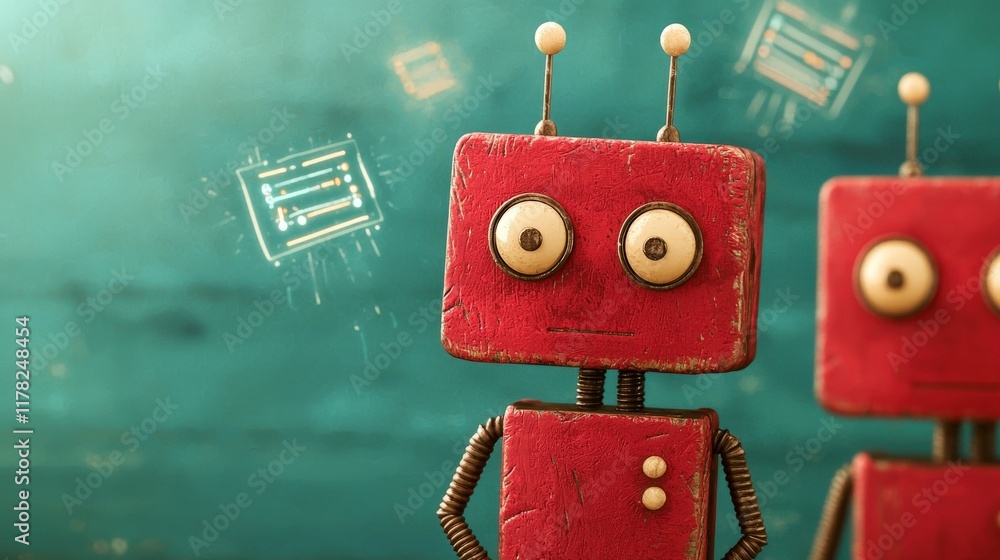 Poster playful red robots on a vibrant background with floating digital elements and an air of curiosity