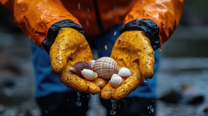 Hands in yellow gloves hold seashells on rainy beach