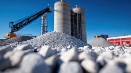 Obraz premium Industrial Quarry: White Aggregates and Silos under a Clear Blue Sky