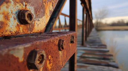 Rusted Steel Bridge Spanning Across a Wide River in Wisconsin at Sunset