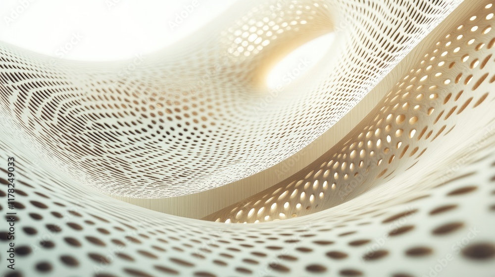 Poster a sweeping abstract curved structure with a perforated texture, highlighted against a minimal, soft-