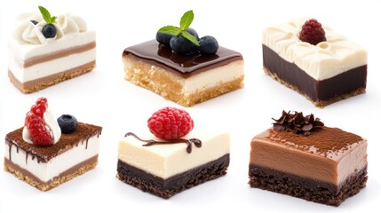 A variety of delicious, decorative desserts on a white background.