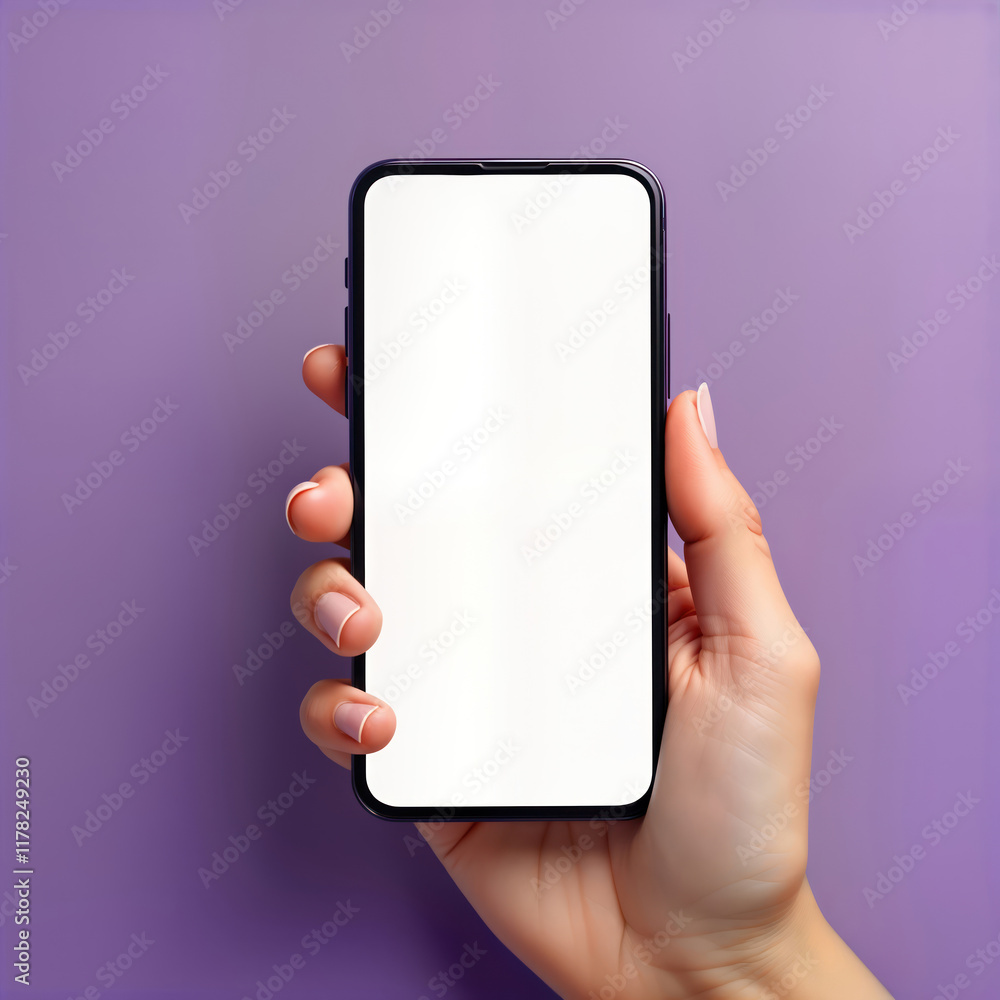Poster close up of hand holding modern smartphone with blank screen. phone held in hand. isolated on purple