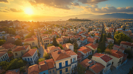 Fototapeta premium Aerial view of Athens cityscape at sunset.