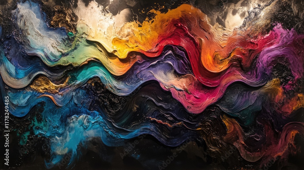 Poster A vibrant abstract swirl of colorful wave patterns, creating dynamic, energetic movement with rich textures and artistic depth