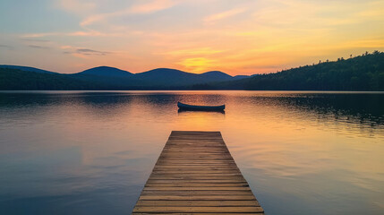 Obraz premium Serene Lakeside Sunset with Small Wooden Dock and Canoe on Still Water