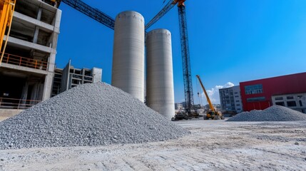 Obraz premium Construction Site with Concrete Silos and Aggregate Piles