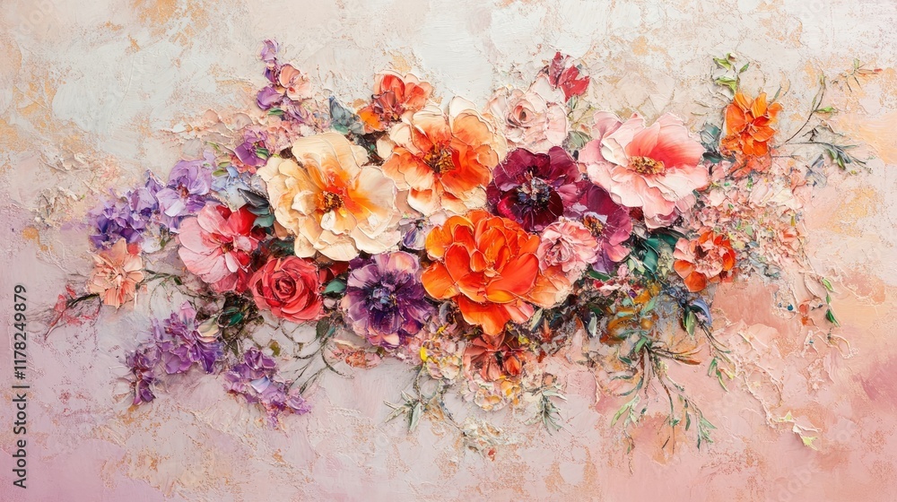 Poster a vibrant floral arrangement with delicate textures, set against a soft pink background, creating a 