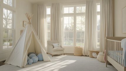 serene and inviting nursery setup featuring canvas teepee, soft blue accents, and natural light streaming through large windows. space is perfect for relaxation and play