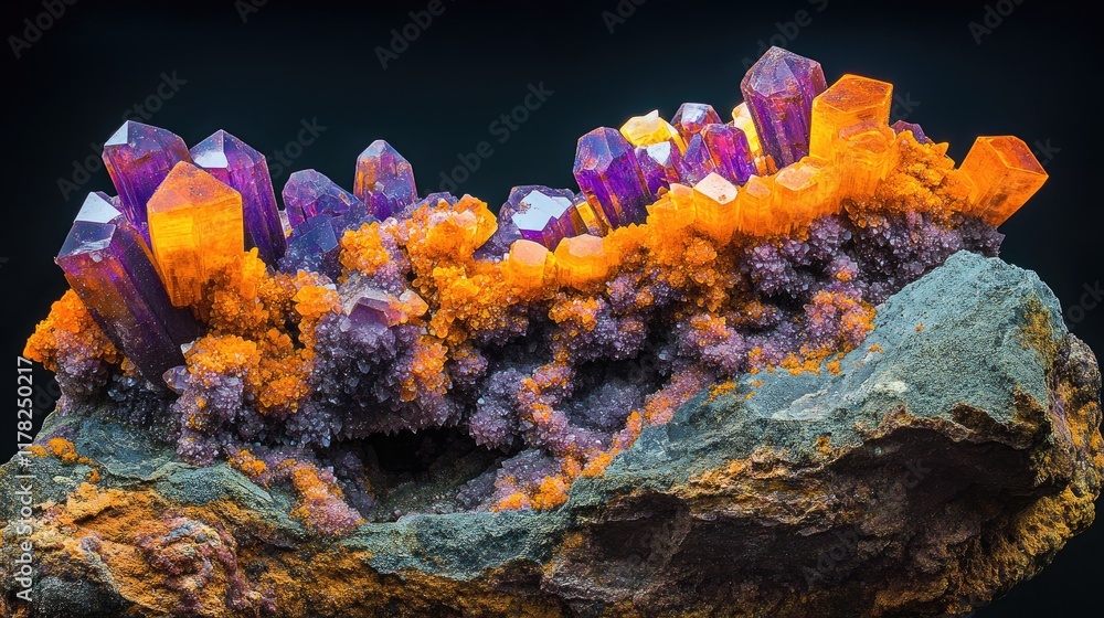 Poster a vivid display of orange and purple crystals embedded in a raw mineral rock formation, capturing th