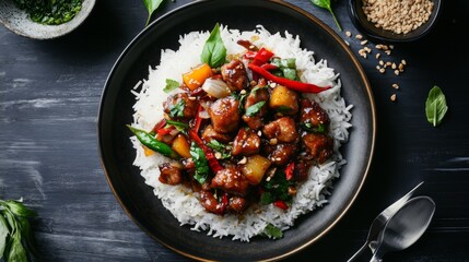 A mouthwatering plate of Pad Krapow Moo, Thai basil pork stir-fry with chili, garlic, and holy basil, served over steamed jasmine rice.