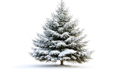 Snow-covered evergreen tree isolated on white.