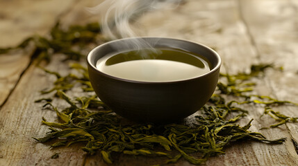 steaming cup of green tea sits on bed of fresh tea leaves, evoking sense of warmth and tranquility. natural wood background enhances calming atmosphere