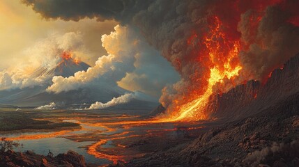 A volcanic eruption with vast rivers of lava flowing and billowing smoke, capturing the sheer magnitude and beauty of the eruption in a powerful landscape