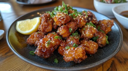 A plate of crispy and flavorful karaage, Japanese-style fried chicken marinated in soy sauce, ginger, and garlic, served with a squeeze of lemon.