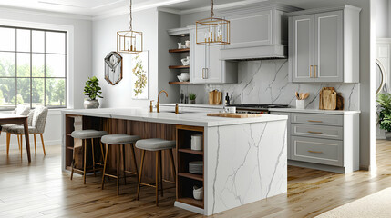 Fototapeta premium Modern Gray Kitchen Island: Quartz Countertops, Wooden Accents, and Elegant Lighting