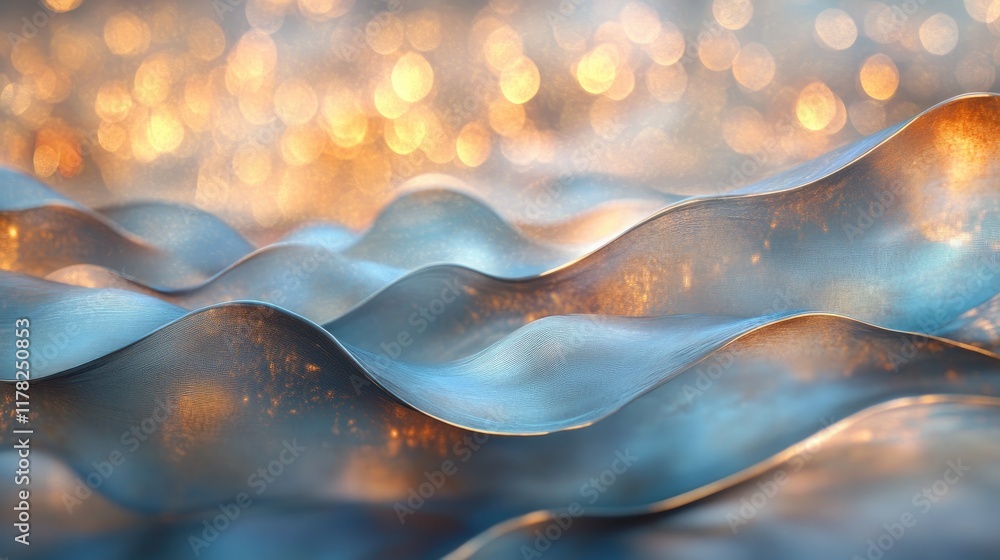 Aufkleber Abstract metallic waves with shimmering golden bokeh lights, blending rich textures and soft light to create a captivating and dynamic visual experience