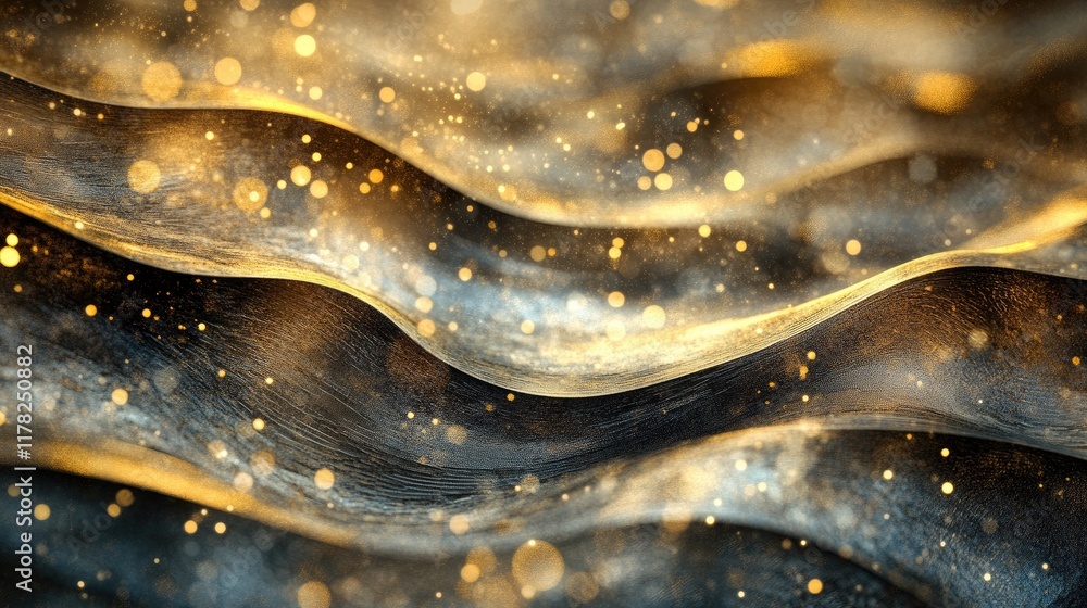 Aufkleber Abstract metallic waves with shimmering golden bokeh lights, blending rich textures and soft light to create a captivating and dynamic visual experience