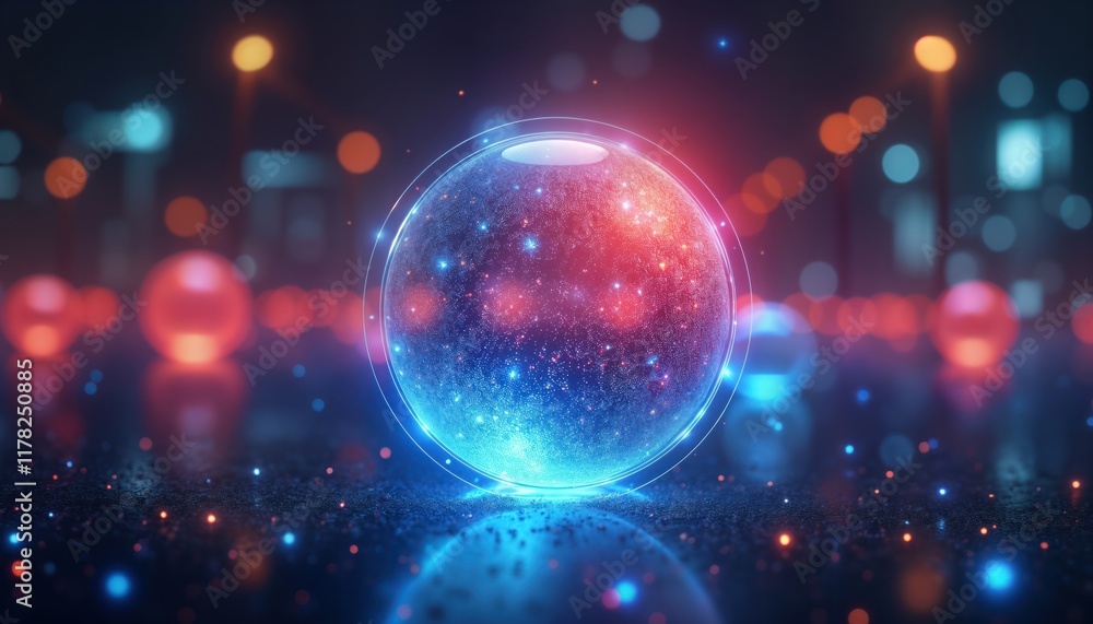 Poster glowing orb sphere with blue, red lights. futuristic tech sphere with particles. abstract graphic de