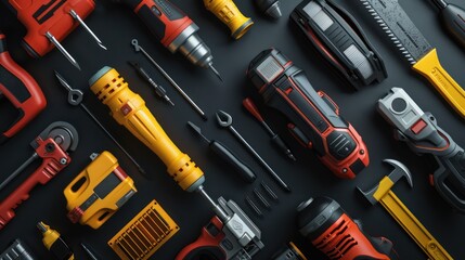 A set of brandless power tools, including a drill, punch, jigsaw, circular saw, and electric saw, neatly displayed on a black background, highlighting their sleek and functional design