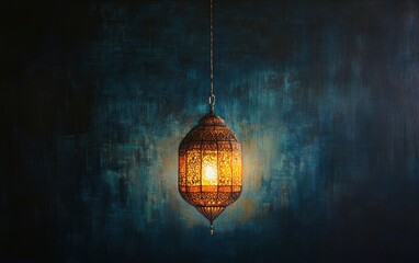 Obraz premium A single hanging lantern with intricate patterns casts an enchanting glow on the dark background, symbolizing Ramadan and spiritual enlightenment. The lantern's light creates soft shadows that add