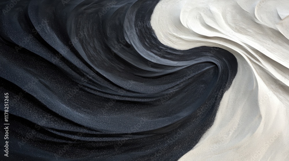 Poster Abstract waves of black and white sand create mesmerizing patterns on a smooth surface, capturing a captivating, yin-yang inspired visual balance