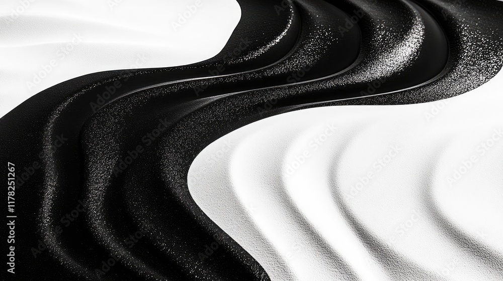 Aufkleber Abstract waves of black and white sand create mesmerizing patterns on a smooth surface, capturing a captivating, yin-yang inspired visual balance