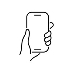 Hands holding mobile phone in line style icon. Smartphone held PNG symbol. Hand holding a smartphone signs vector illustration for apps and website