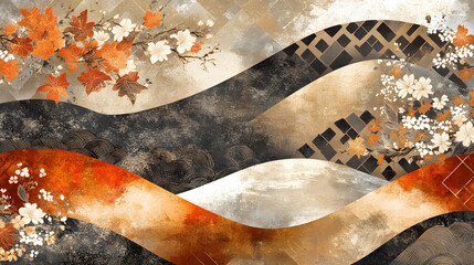 Abstract Japanese textile inspired design featuring waves, flowers, and autumn leaves in warm colors. This artwork evokes sense of tranquility and cultural richness