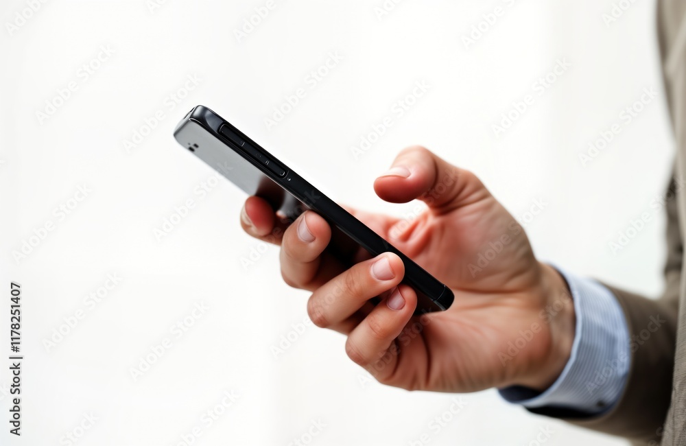 Poster Businessman uses mobile phone. Hand holds smartphone. Close-up view. Man works online. Modern tech device. Person communicates. Business transaction. Digital device. Client interacts. Searching.